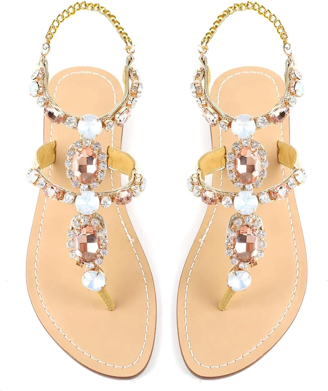 Women’s Rhinestone Gladiator Flat Sandals - Sparkly Crystal Bridal & Beach Wedding Sandals