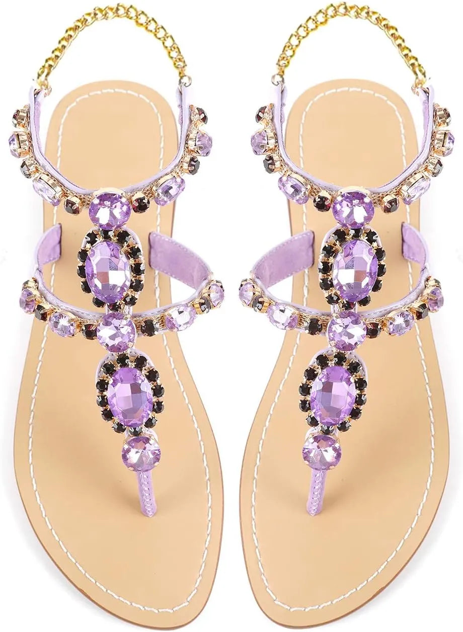 Women’s Rhinestone Gladiator Flat Sandals - Sparkly Crystal Bridal & Beach Wedding Sandals