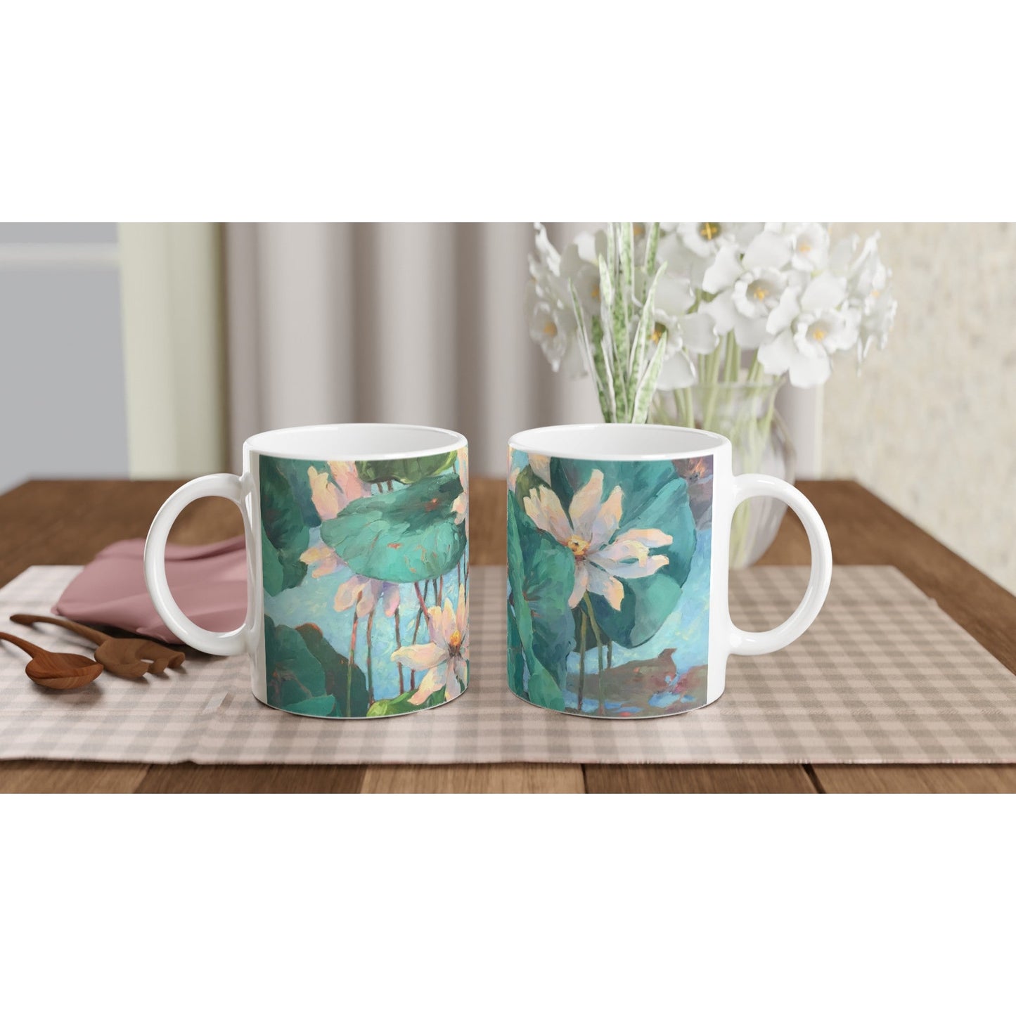 11oz White Ceramic Mug | Coffee Cup with 'Lily Pads' Floral Artwork by American Artist Barbara Cleary