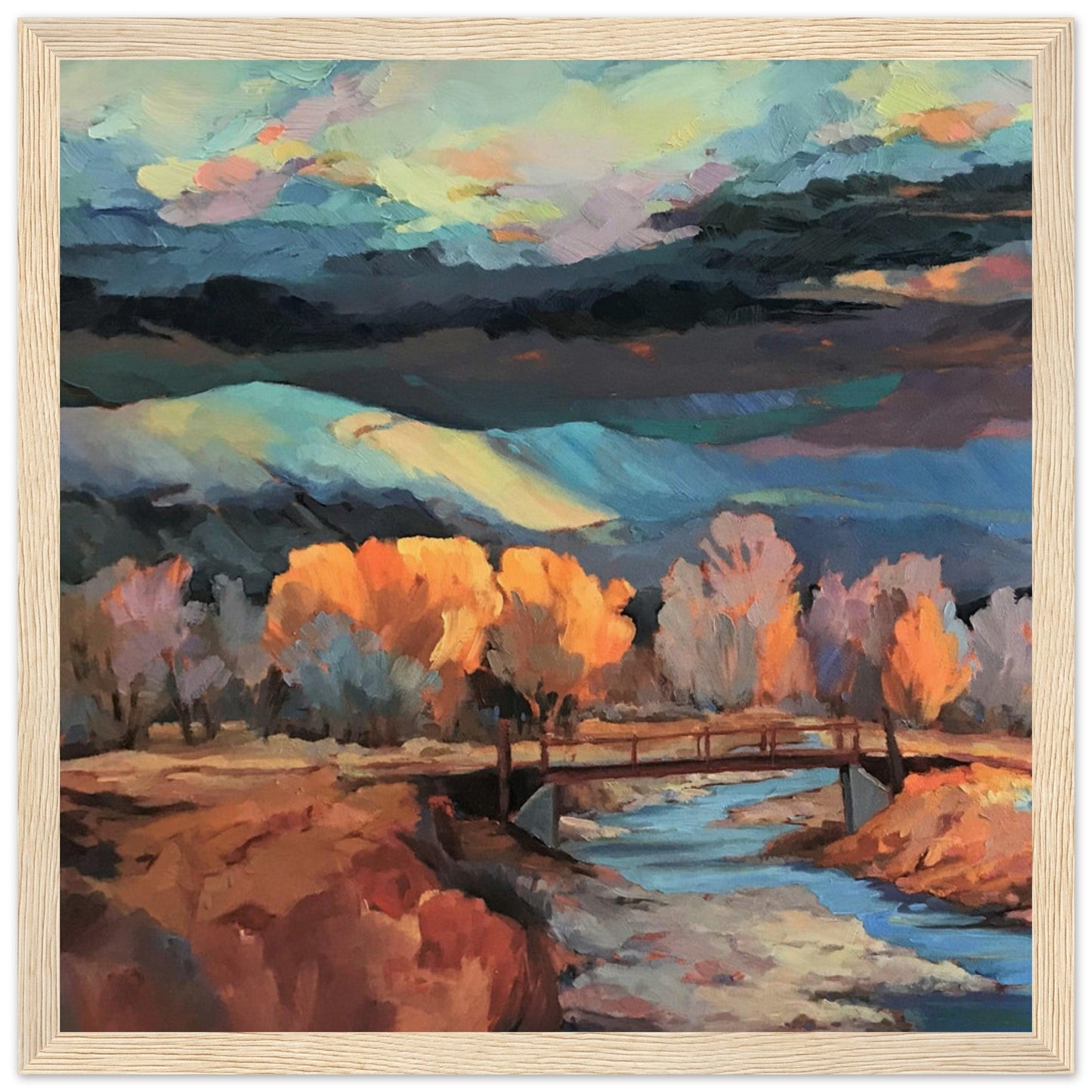 ‘Rio Pueblo River’ Landscape | 12x12 Wooden Framed Art Print | Original Artwork by American Artist Barbara Cleary