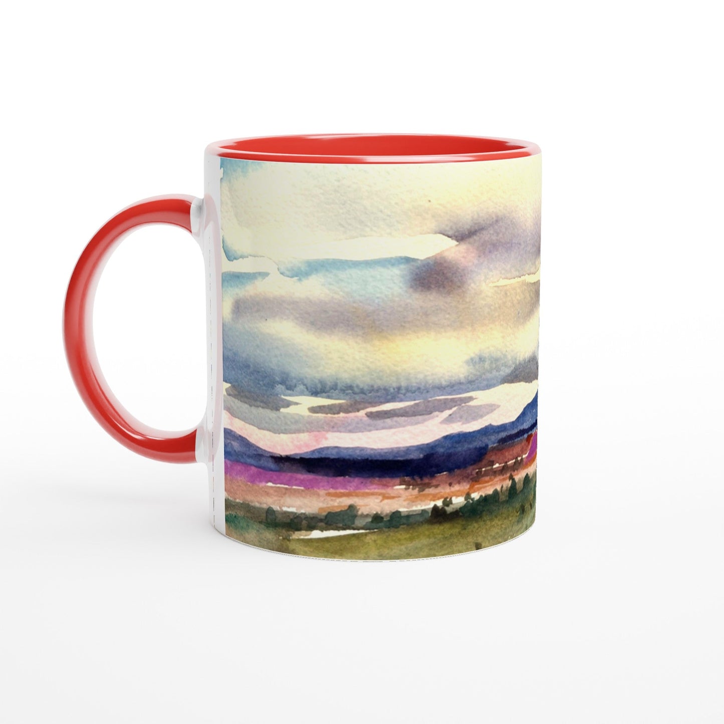 Copy of 11oz White Ceramic Mug with Color Inside | Coffee Cup with 'Tranquil Mountain View 1' Artwork by American Artist Barbara Cleary