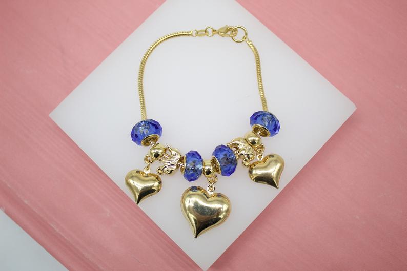 18K Gold Filled Elephant, Heart, Natural Stone Charm Bracelet