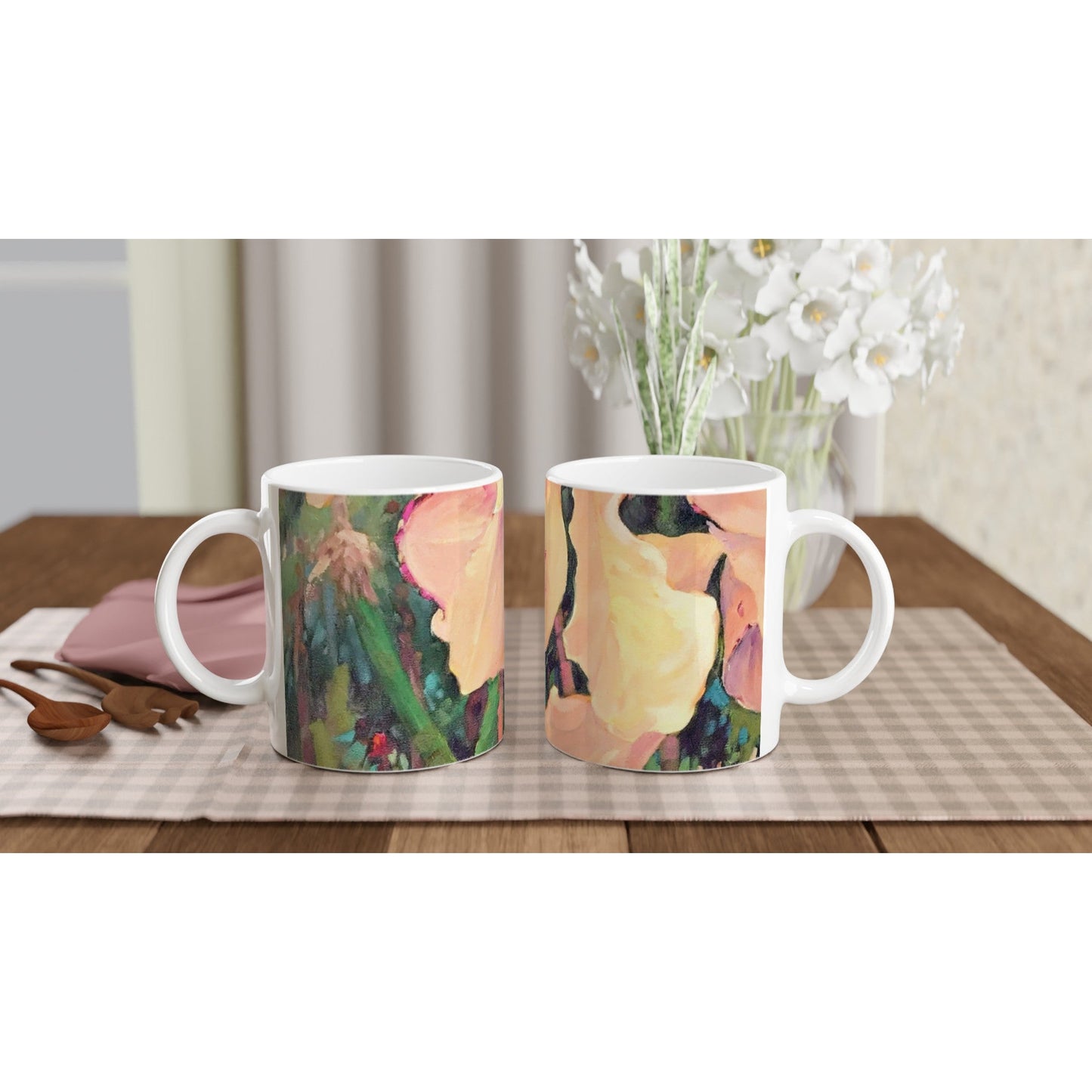 11oz White Ceramic Mug| Coffee Cup with 'Pink Orchid' Floral Artwork by American Artist Barbara Cleary