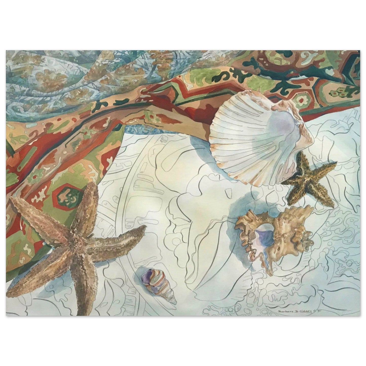 'Shells' Coastal Watercolor I 12x16 Museum-Quality Matte Paper Poster | Original Artwork by American Artist Barbara Cleary