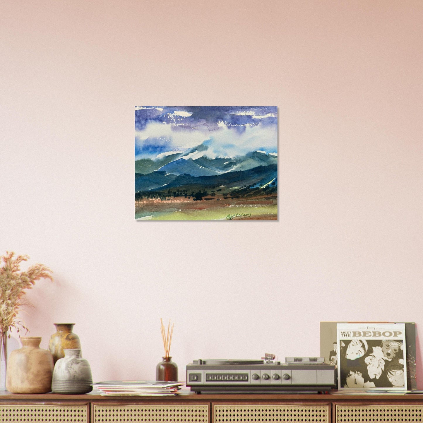 ‘Tranquil Mountain View 3’ Landscape Watercolor I 16x20 Museum-Quality Matte Paper Poster | Original Artwork by American Artist Barbara Cleary I F98