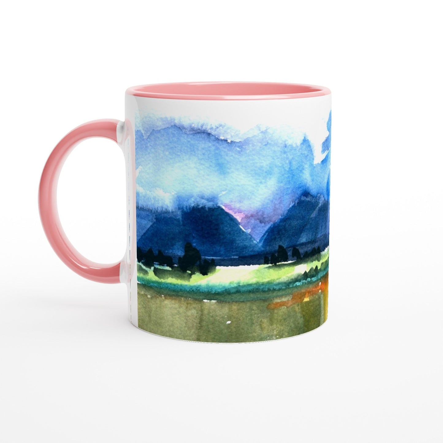 11oz White Ceramic Mug with Color Inside | Coffee Cup with 'Tranquil Mountain View 4' Artwork by American Artist Barbara Cleary
