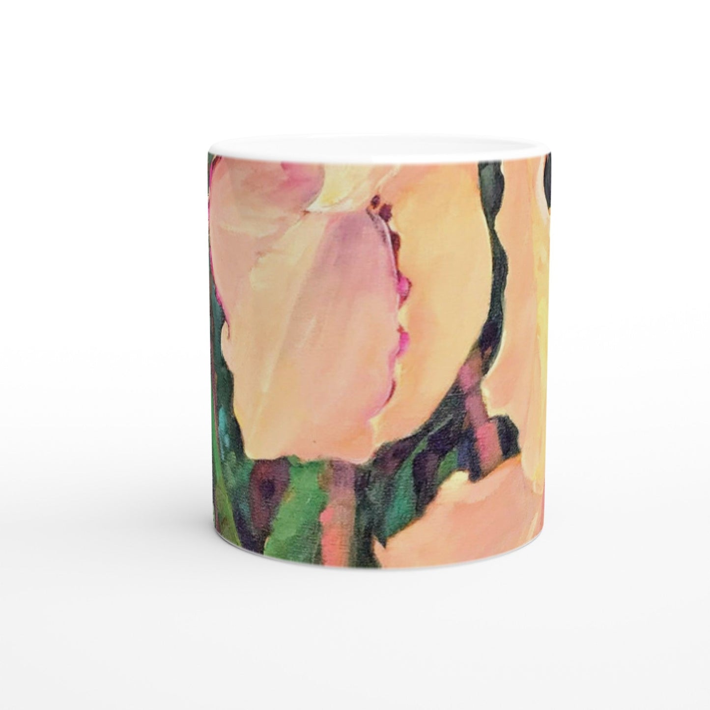 11oz White Ceramic Mug| Coffee Cup with 'Pink Orchid' Floral Artwork by American Artist Barbara Cleary