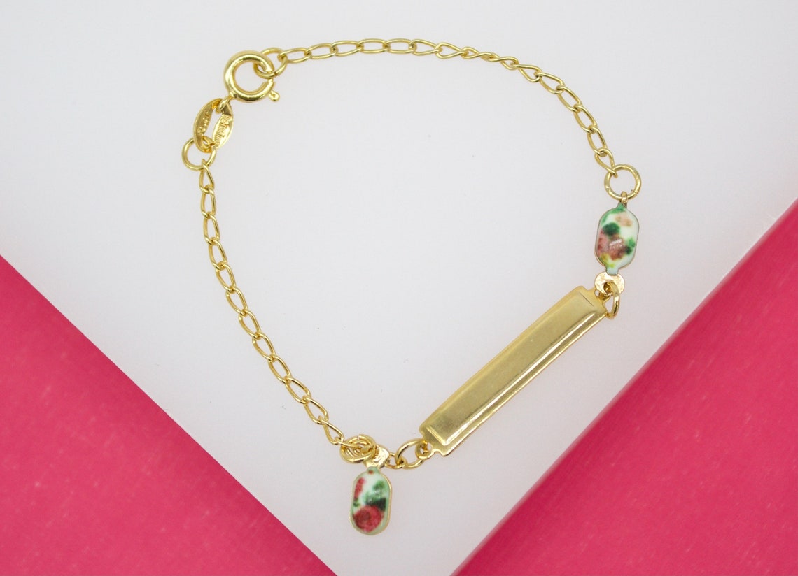 Gold Filled Vintage Enamel flower Dangle Charm Bracelet With Plate