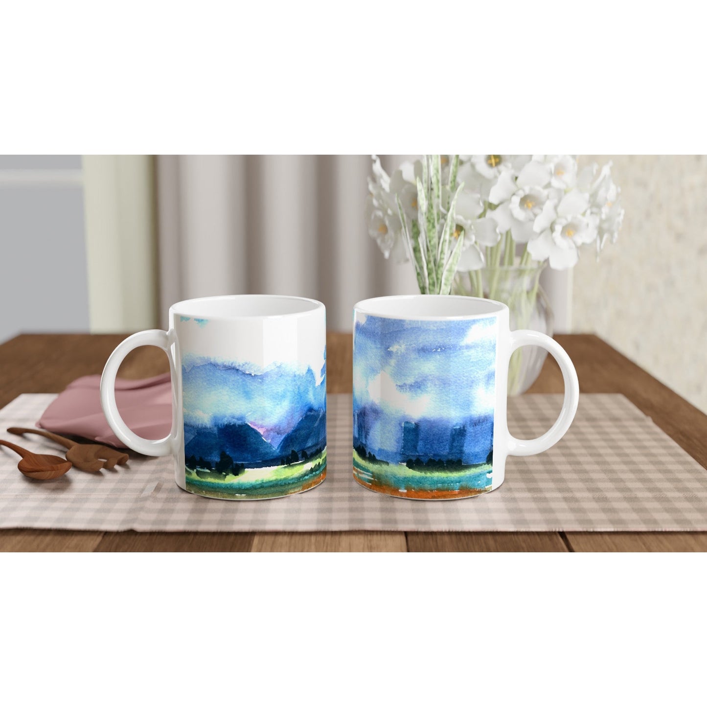 11oz White Ceramic Mug| Coffee Cup with 'Tranquil Mountain View 4' Artwork by American Artist Barbara Cleary