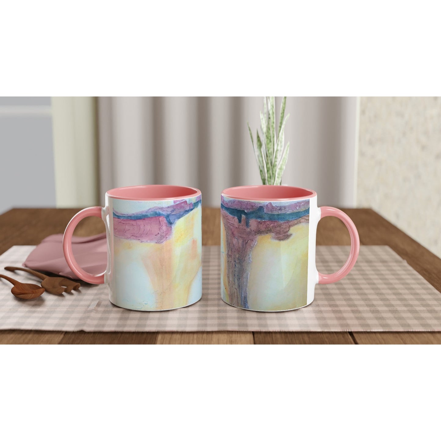 11oz White Ceramic Mug with Color Inside | Coffee Cup with 'Southwest Mixed Media' Abstract Artwork by American Artist Barbara Cleary
