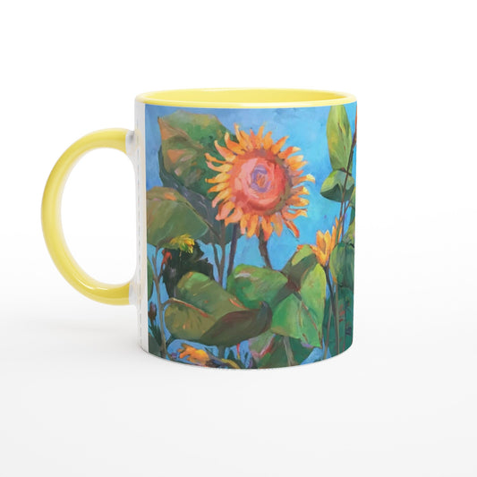 "11oz White Ceramic Coffee Mug with Color Inside | with 'Southwinds 2 Sunflowers' Floral Artwork by American Artist Barbara Cleary