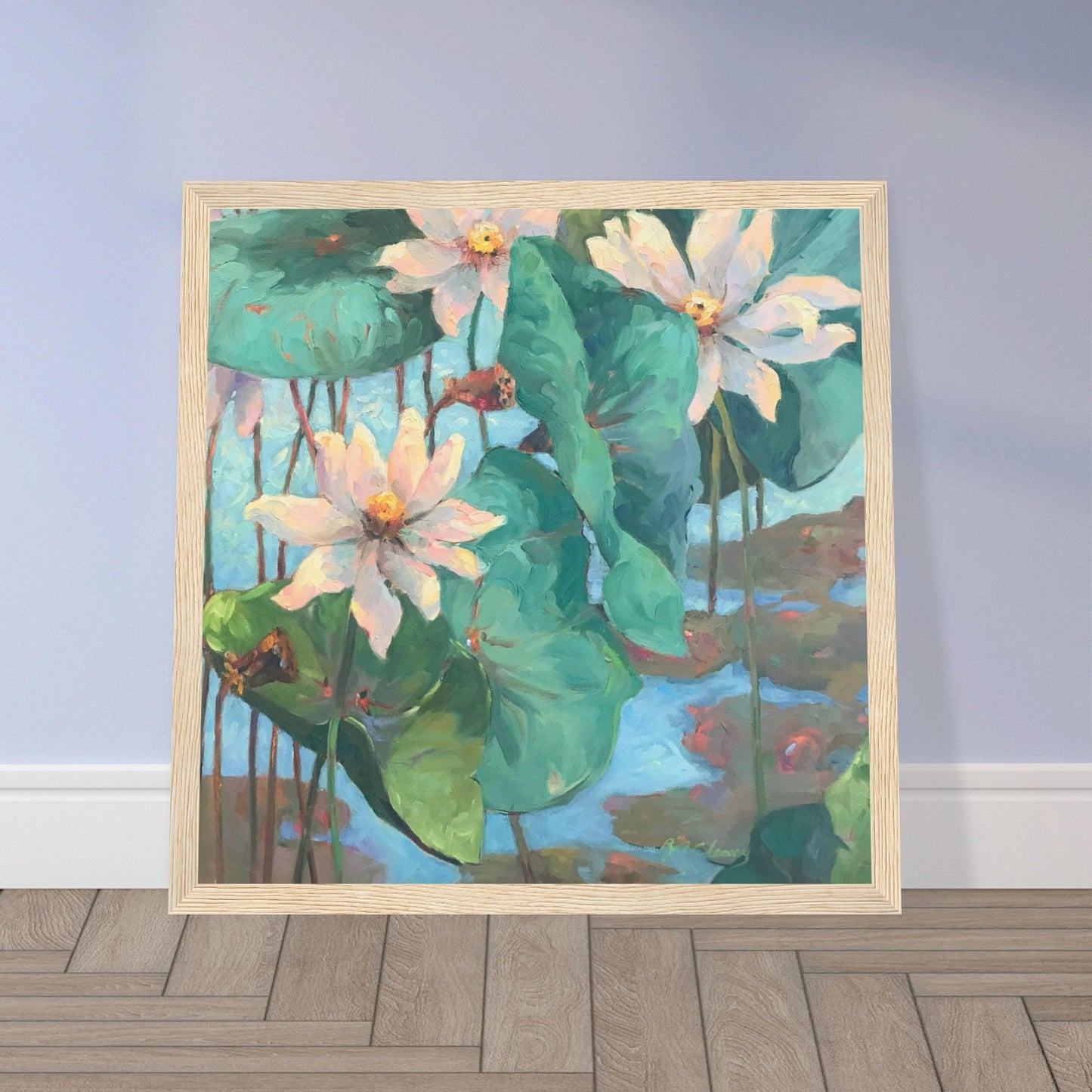 ‘Lily Pad’ Floral | 12x12 inch Wooden Framed Art Print | Original Artwork by American Artist Barbara Cleary
