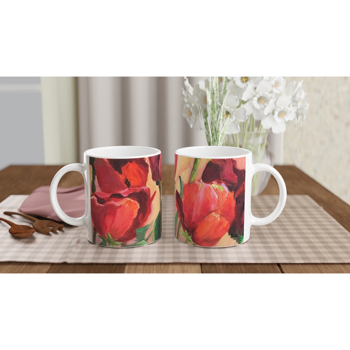 11oz White Ceramic Mug | Coffee Cup with 'Tulips' Floral Artwork by American Artist Barbara Cleary