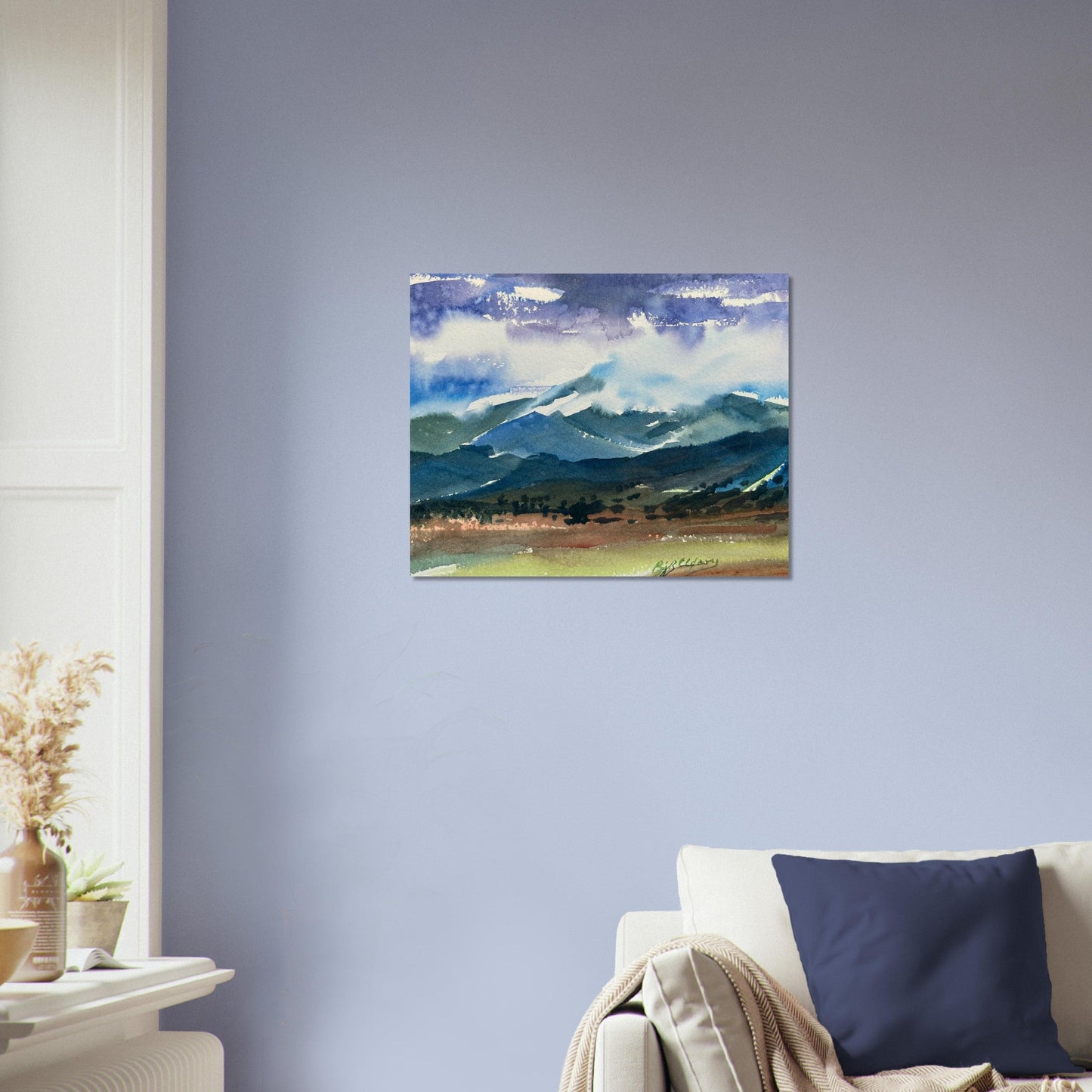 ‘Tranquil Mountain View 3’ Landscape Watercolor I 16x20 Museum-Quality Matte Paper Poster | Original Artwork by American Artist Barbara Cleary I F98