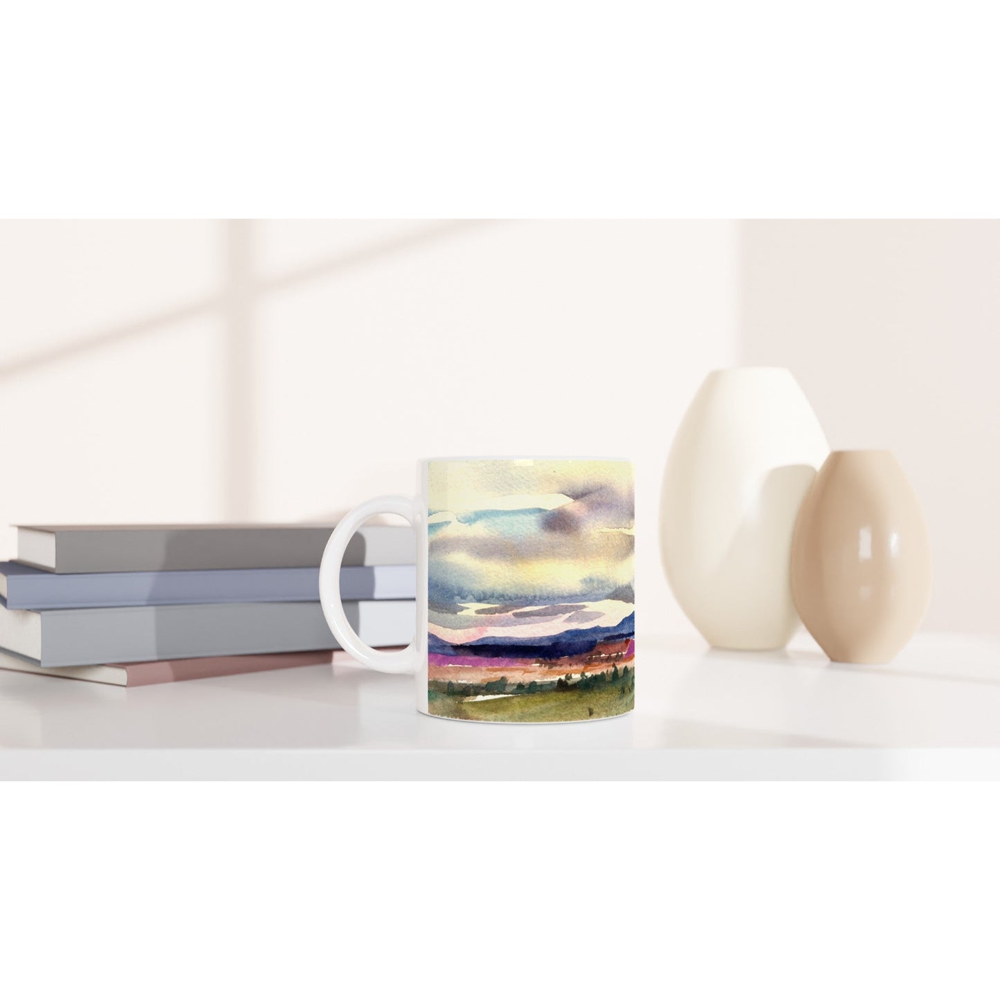 11oz White Ceramic Mug| Coffee Cup with 'Tranquil Mountain View 1' Artwork by American Artist Barbara Cleary