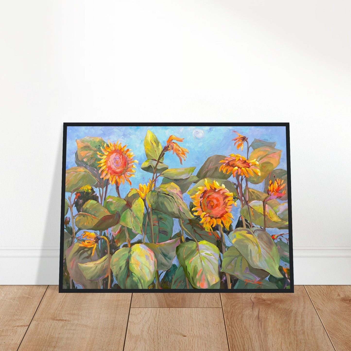 'Southwind Sunflowers 2' Floral | 20x28 inch Wooden Framed Art Print | Original Artwork by American Artist Barbara Cleary