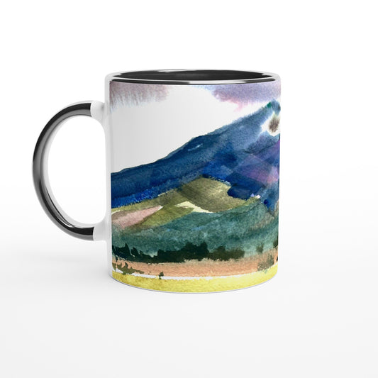 11oz White Ceramic Mug with Color Inside | Coffee Cup with 'Tranquil Mountain View 2' Artwork by American Artist Barbara Cleary