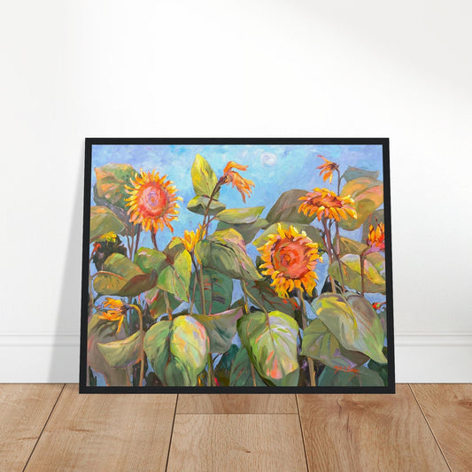 'Southwind Sunflowers 2' Floral | 16x20 inch Wooden Framed Art Print | Original Artwork by American Artist Barbara Cleary