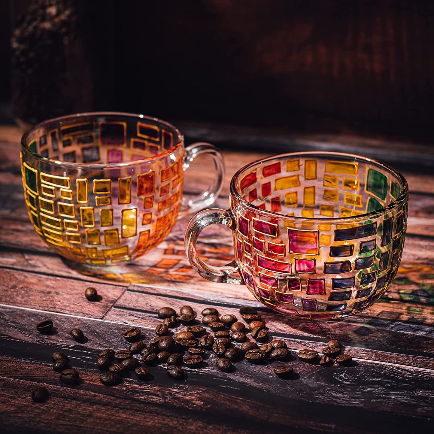 The Wine Savant Renaissance Stained Glass Windows Mugs, Artisanal Hand Painted Set of 2 - Gift Idea for Her, Him, Birthday, Mom, Housewarming - Art Deco Coffee and Tea Set 3.5" H X 4" W (Mugs)