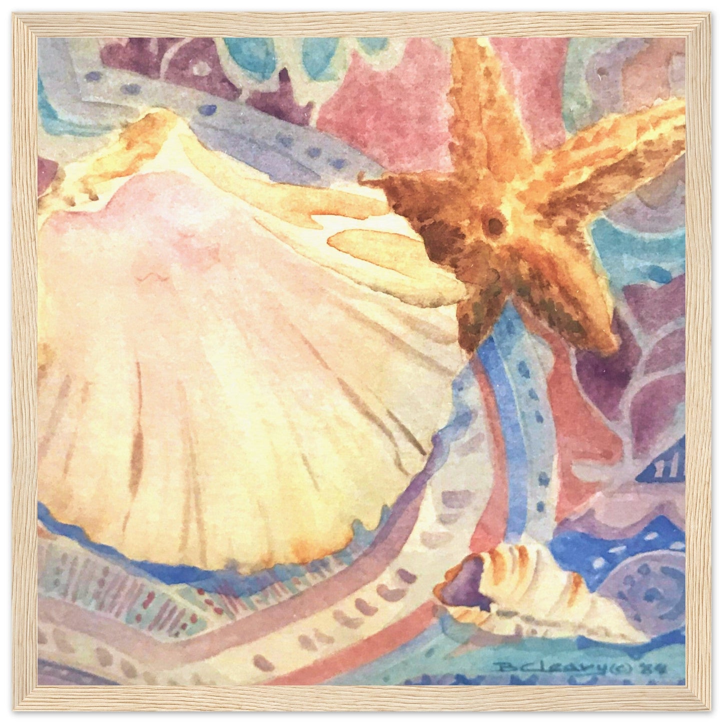 'Treasures of the Tide’ Coastal Watercolor | 12x12 Wooden Framed Art Print | Original Artwork by American Artist Barbara Cleary