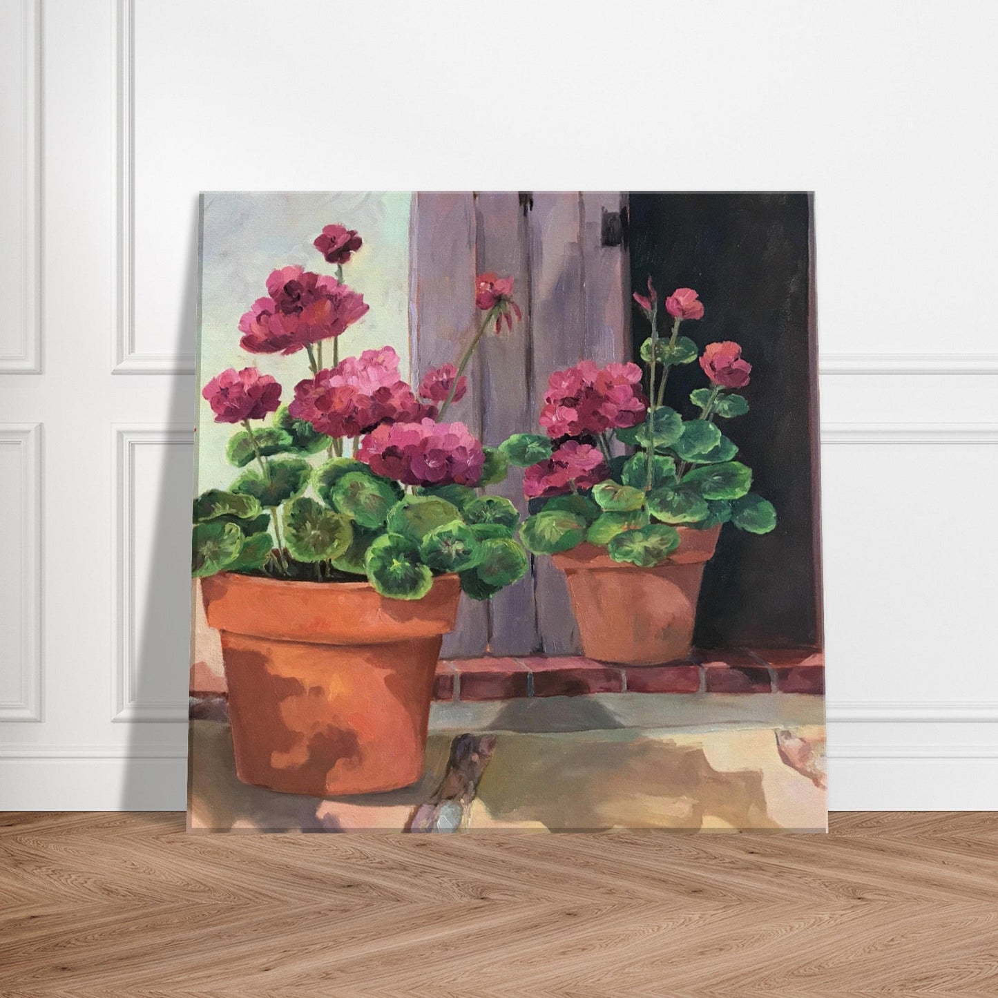 'Potted Pink Geraniums Series 2' Floral I 16x16 inch Art Print on Canvas I Original Artwork by American Artist Barbara Cleary
