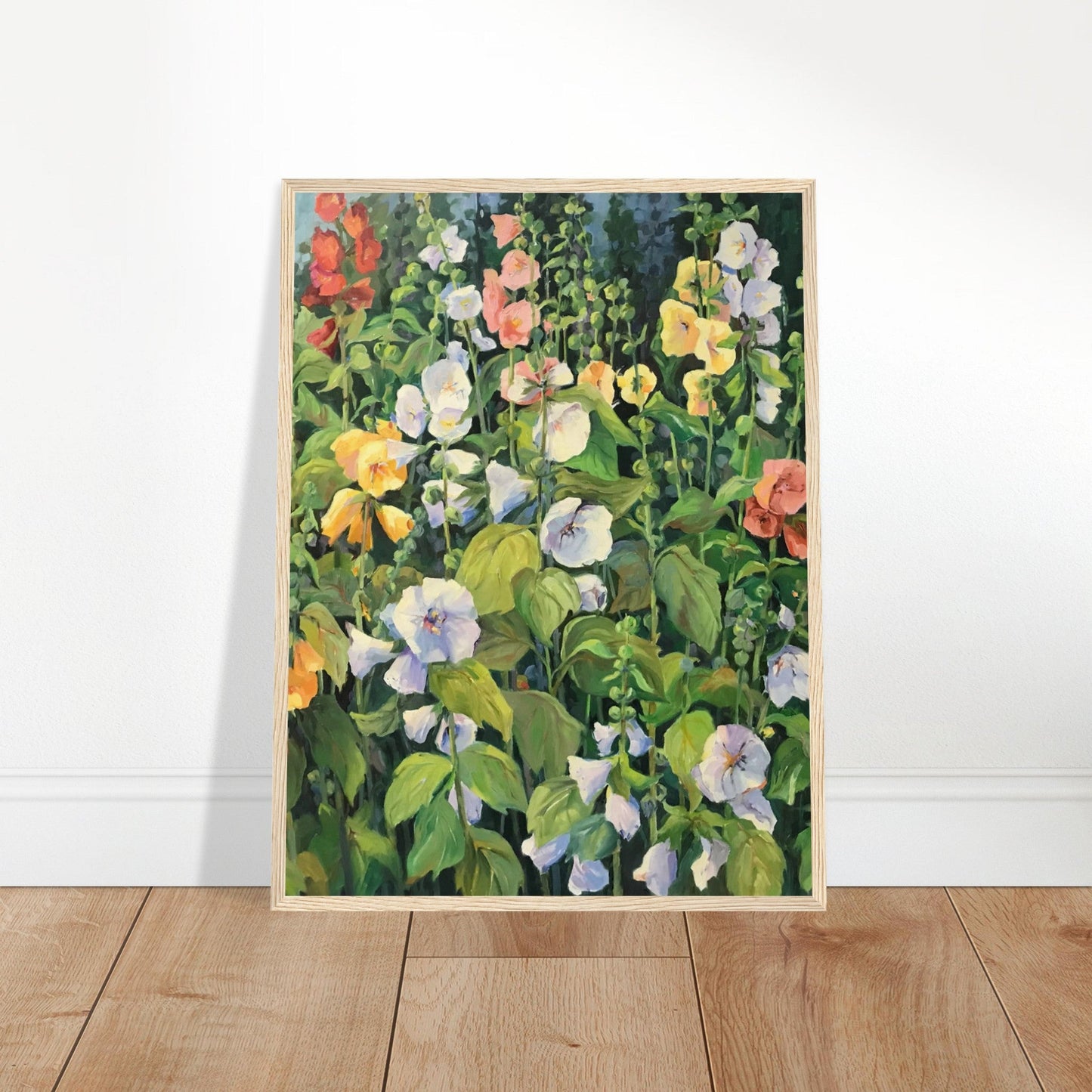 ‘Hollyhocks’ Floral | 18x24 inch Wooden Framed Art Print | Original Artwork by American Artist Barbara Cleary