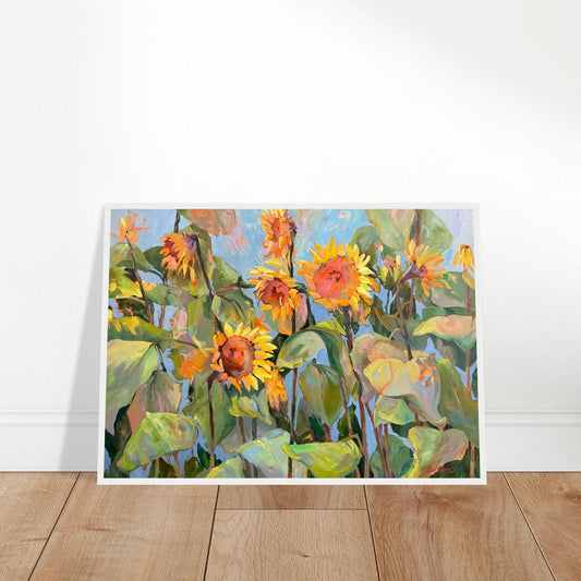 'Southwind Sunflowers 1' Floral | 20x28 inch Wooden Framed Art Print | Original Artwork by American Artist Barbara Cleary