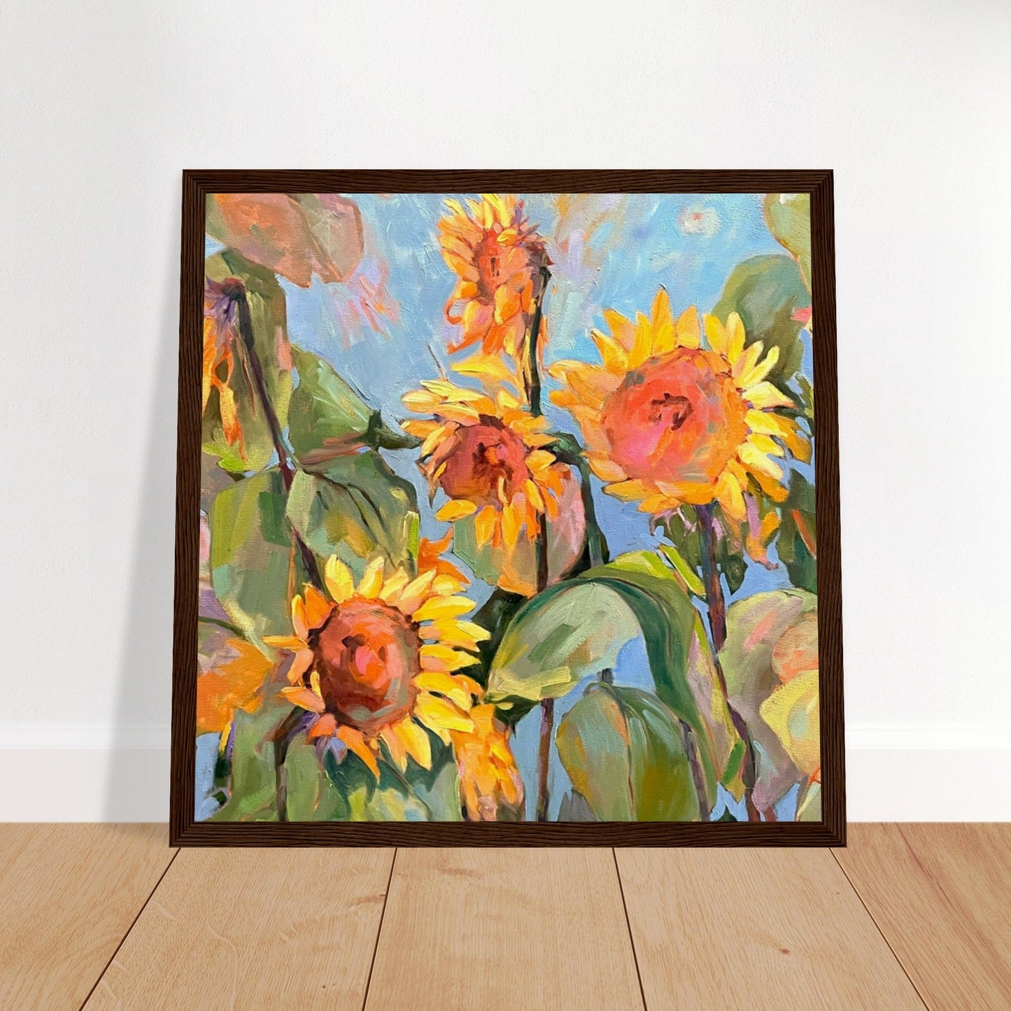 'Sunflowers’ Floral Oil Painting | 12x12 Wooden Framed Art Print | Original Artwork by American Artist Barbara Cleary