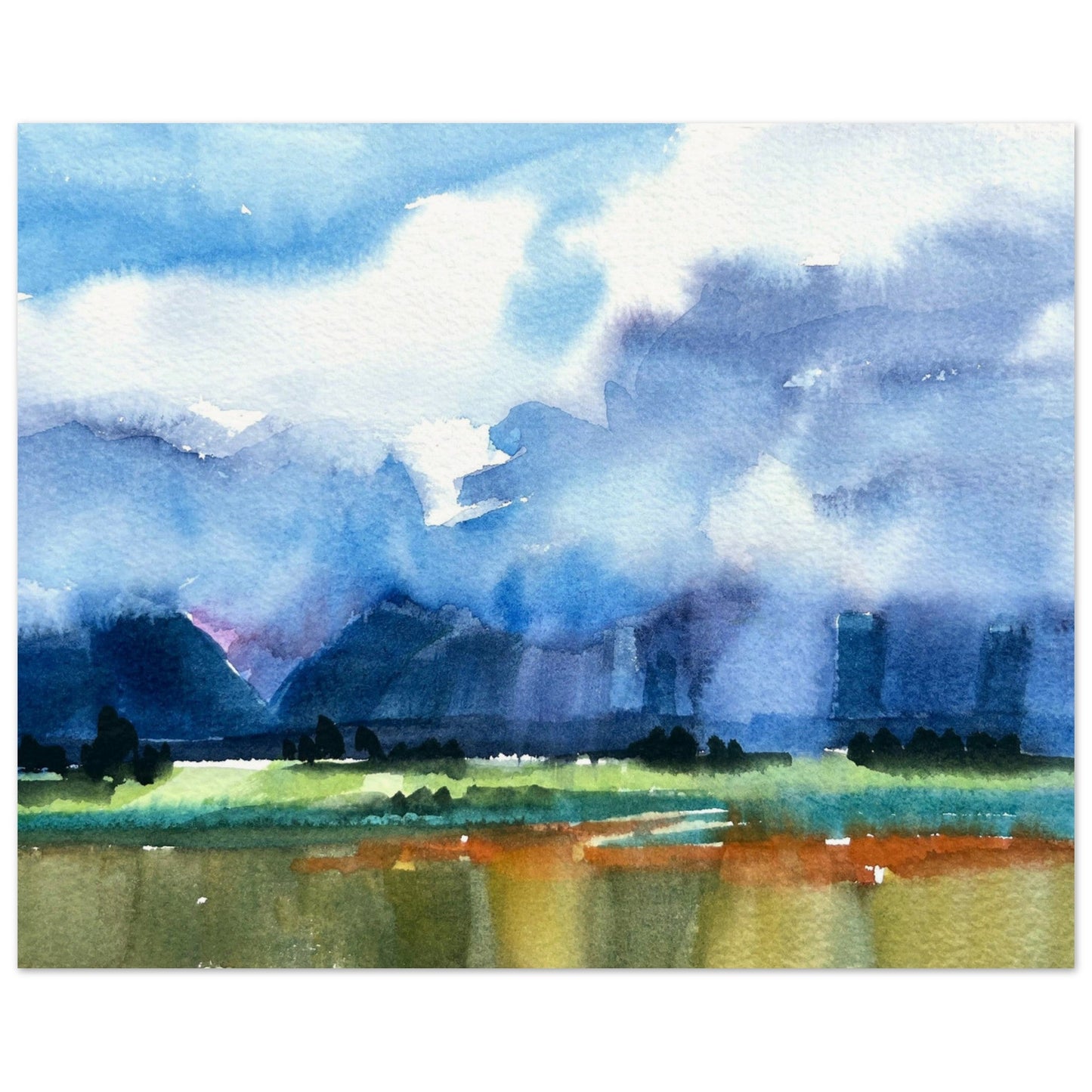‘Tranquil Mountain View 4’ Landscape Watercolor I 16x20 Museum-Quality Matte Paper Poster | Original Artwork by American Artist Barbara Cleary