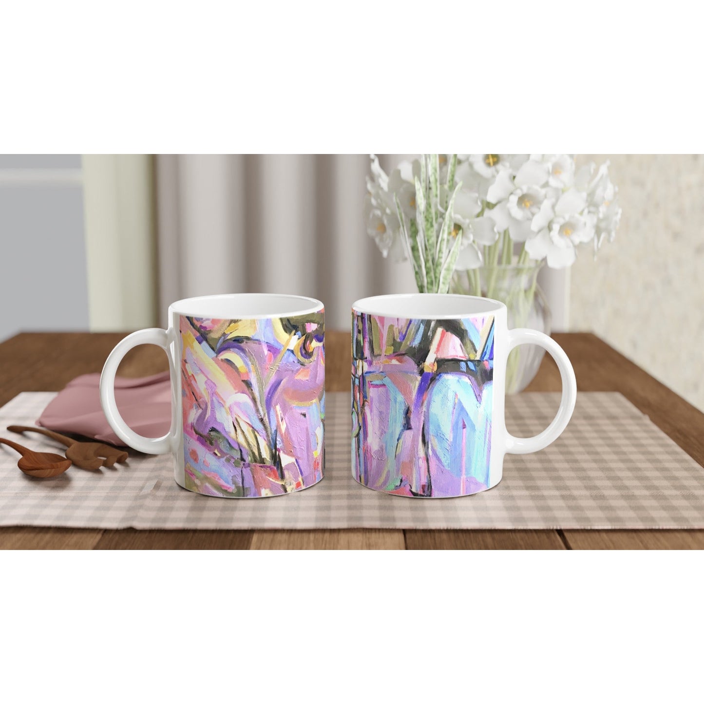 11oz White Ceramic Mug| Coffee Cup with 'Passages' Abstract Artwork by American Artist Barbara Cleary