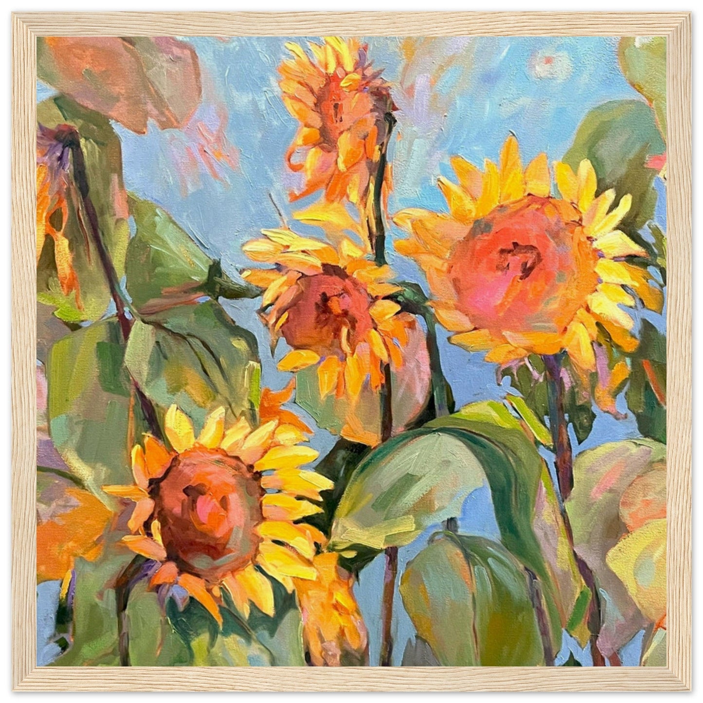 'Sunflowers’ Floral Oil Painting | 12x12 Wooden Framed Art Print | Original Artwork by American Artist Barbara Cleary