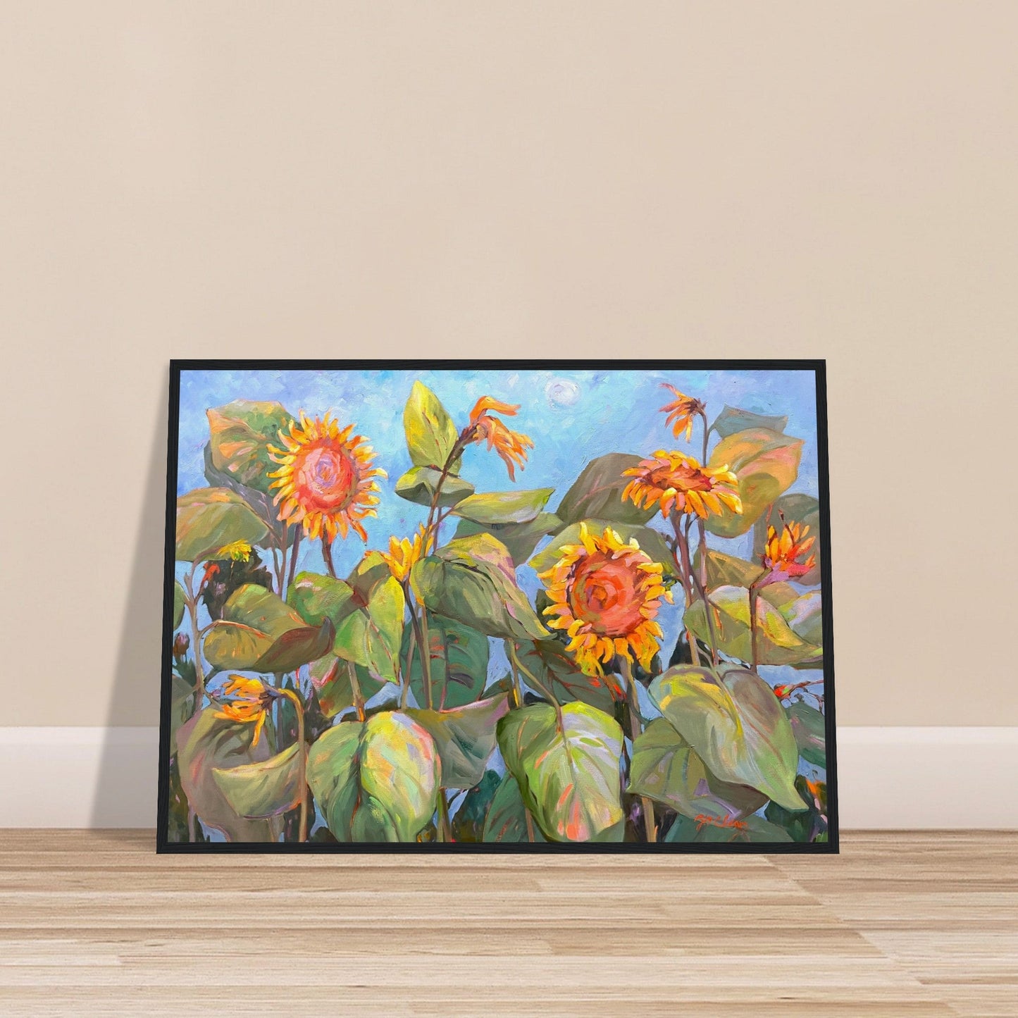 'Southwind Sunflowers 2' Floral | 20x28 inch Wooden Framed Art Print | Original Artwork by American Artist Barbara Cleary
