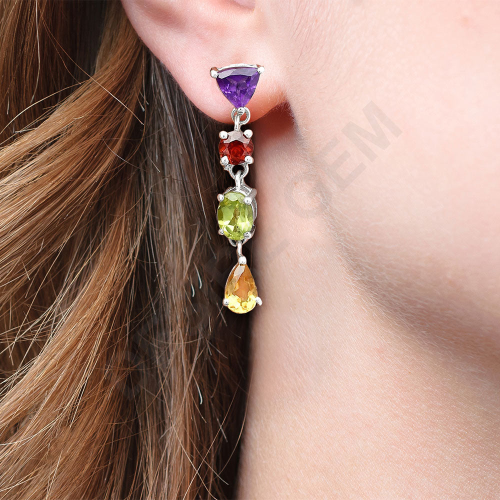 Handcrafted 925 Silver Multi-Gemstone Linear Drop Earrings for Women AGE1013 E-1061