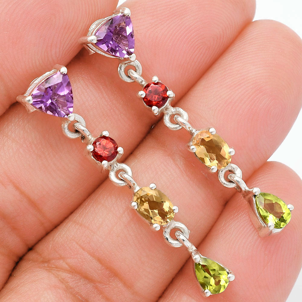 Handcrafted 925 Silver Multi-Gemstone Linear Drop Earrings for Women AGE1013 E-1061