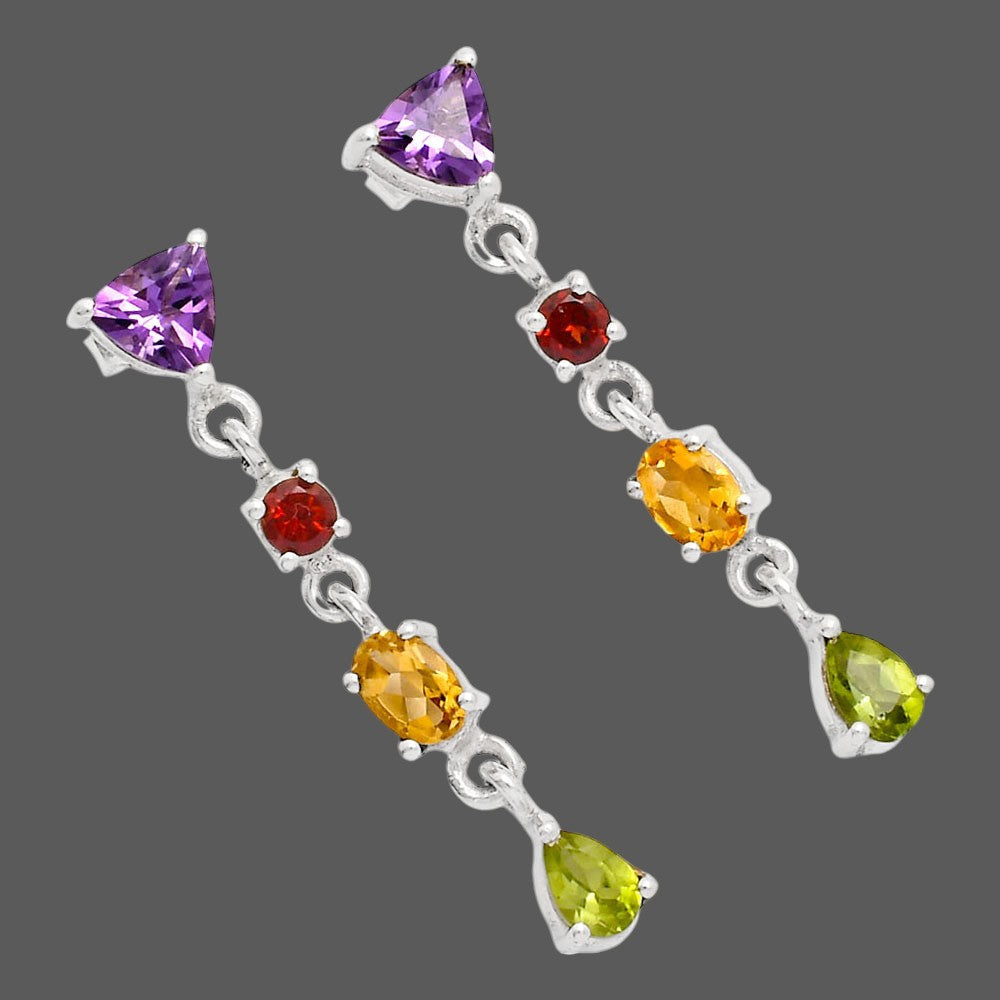 Handcrafted 925 Silver Multi-Gemstone Linear Drop Earrings for Women AGE1013 E-1061