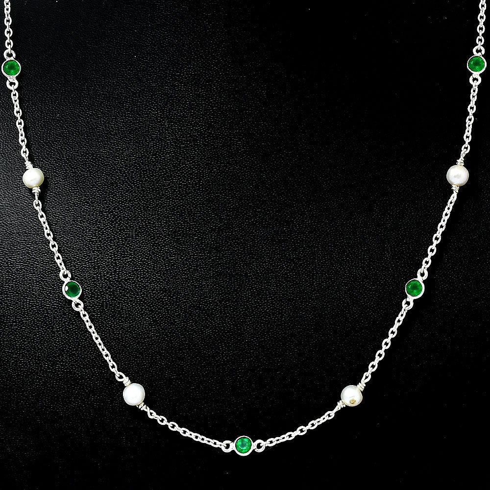 Handcrafted Silver Dainty Pearl Gemstone Chain Necklace for Women AGN1001 N-1029