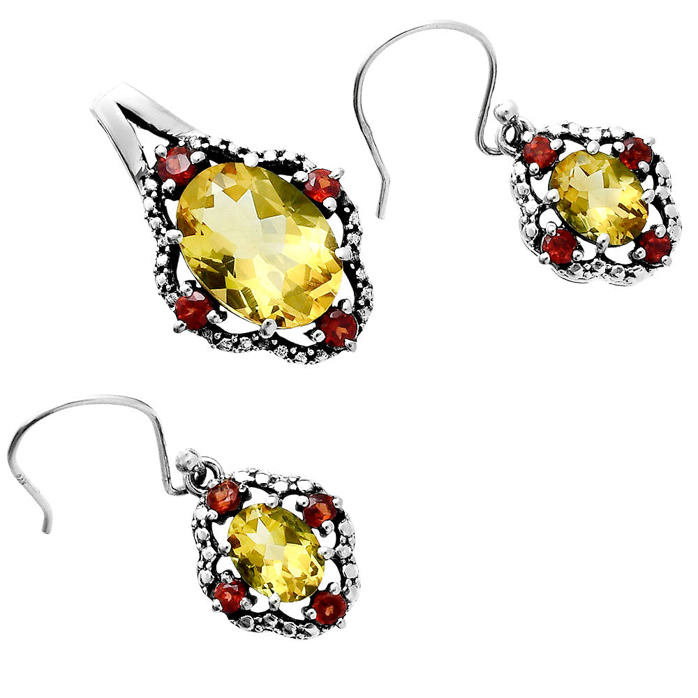 Oval Gemstone with Garnet Pendant Earrings Set 925 Sterling Silver AGT1010 T-1020