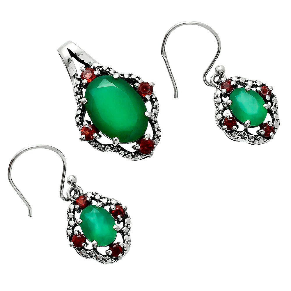 Oval Gemstone with Garnet Pendant Earrings Set 925 Sterling Silver AGT1010 T-1020