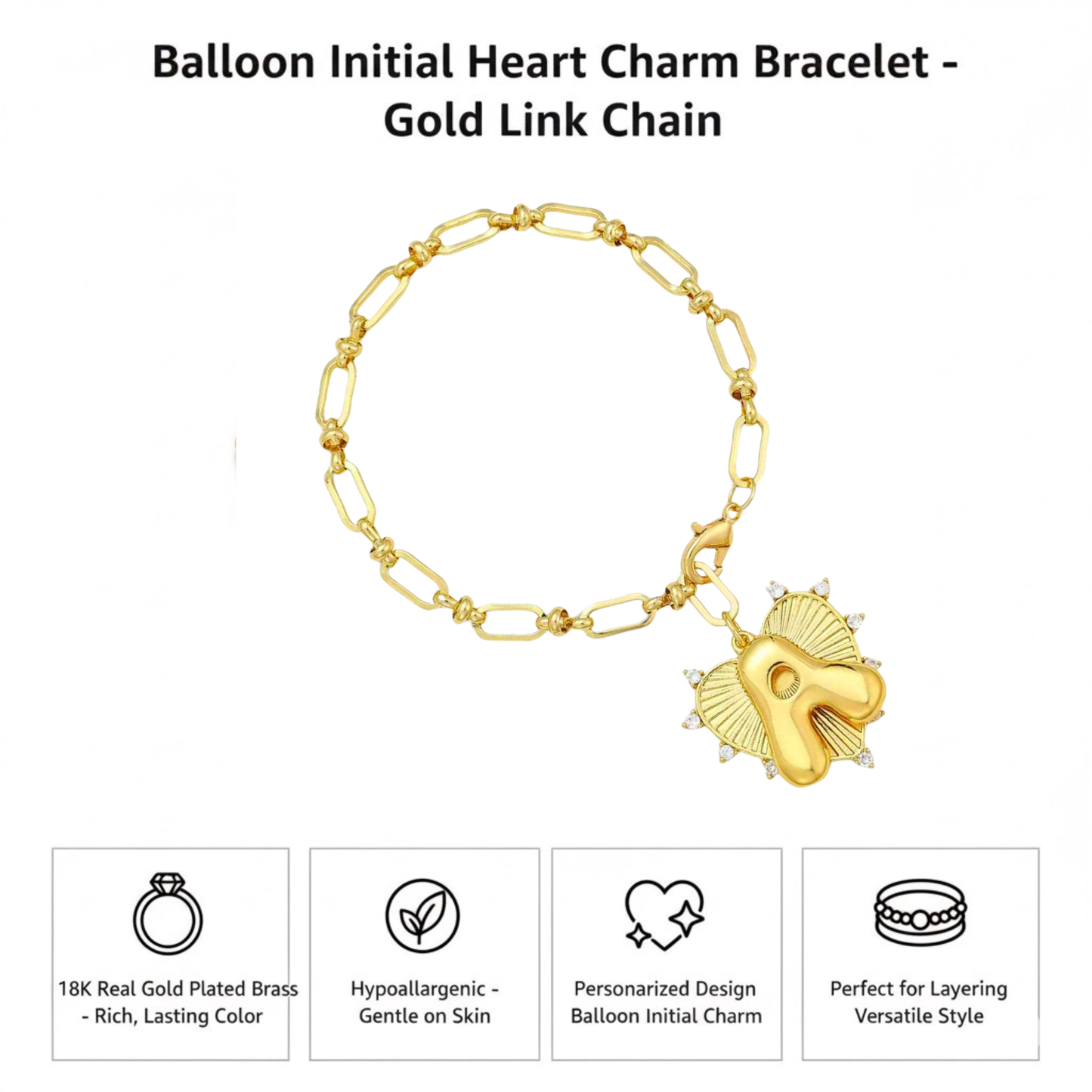 Balloon Initial Heart Charm Bracelet - Gold Link Chain