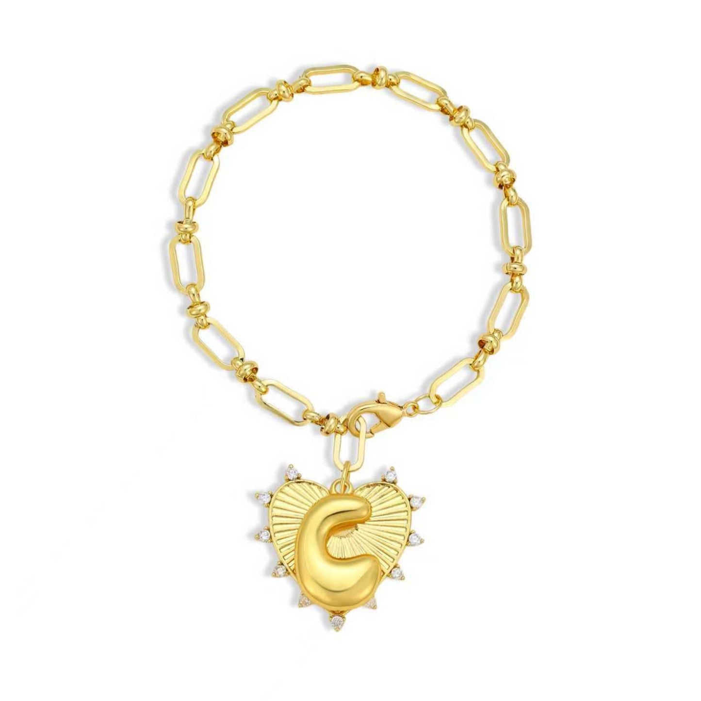 Balloon Initial Heart Charm Bracelet - Gold Link Chain