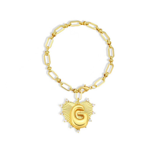 Balloon Initial Heart Charm Bracelet - Gold Link Chain