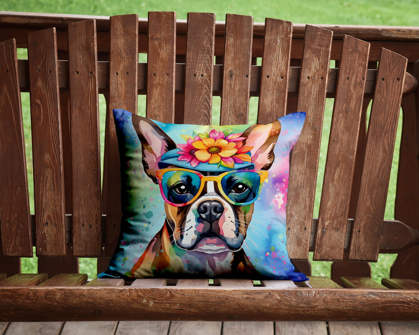 Boston Terrier Hippie Dawg Throw Pillow
