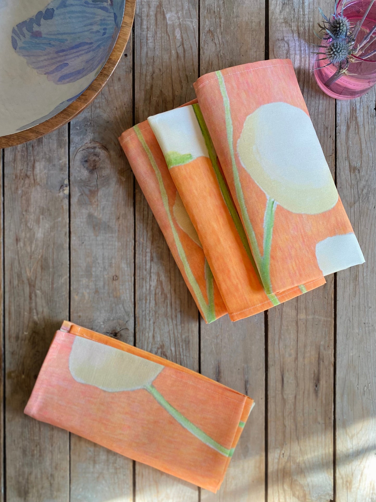 Napkin Set: Cream Flowers on Orange