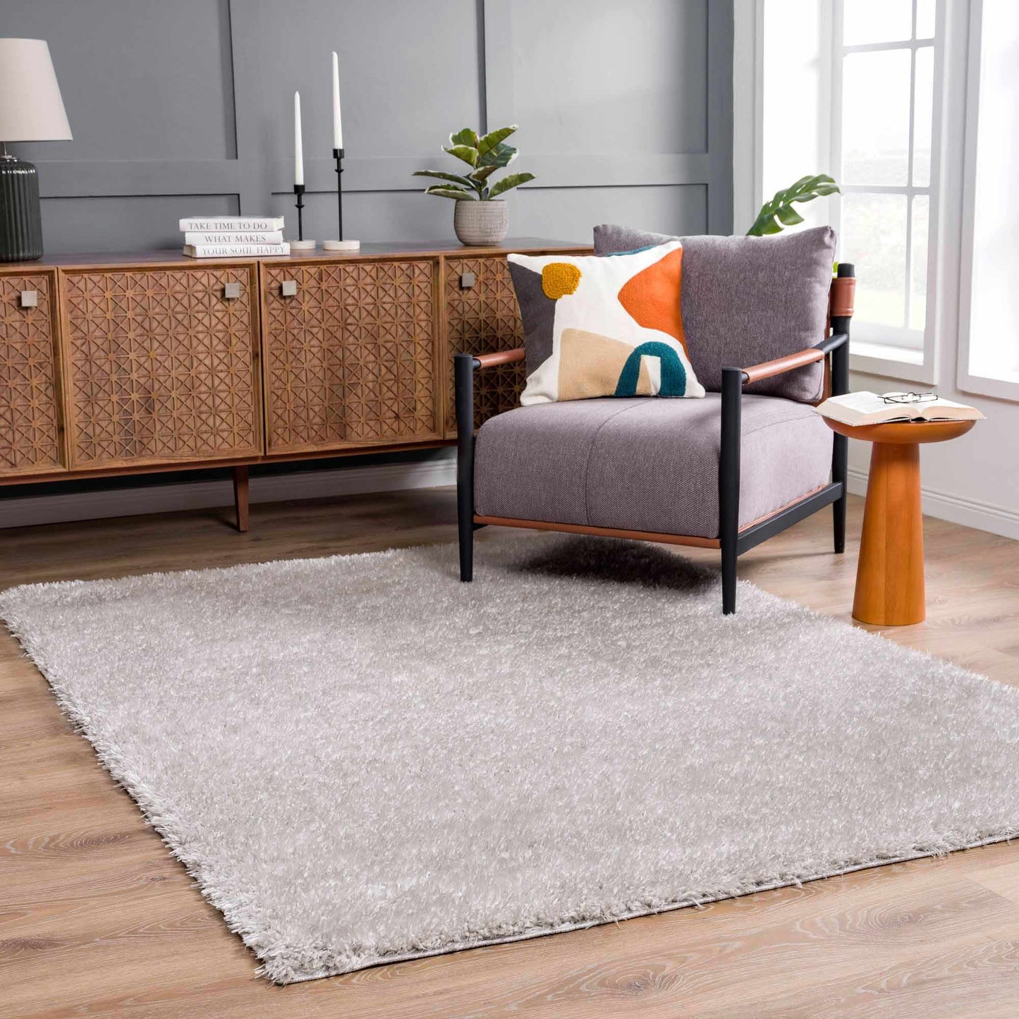 Faina Solid Light Gray Shag Rug Washable