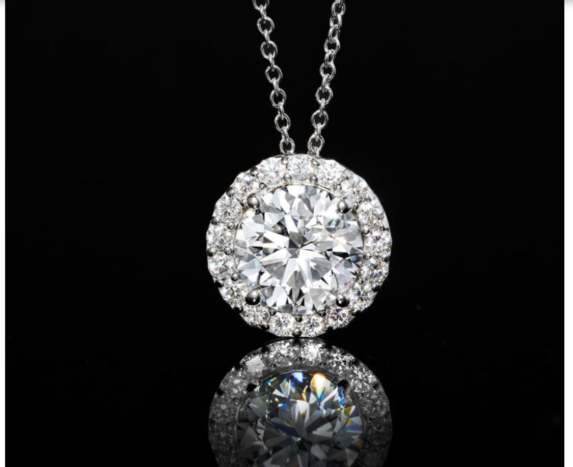 AGI Certified Lab-Grown Diamond Halo Pendant Necklace in 14kt White Gold – 1 CTW or 2 CTW