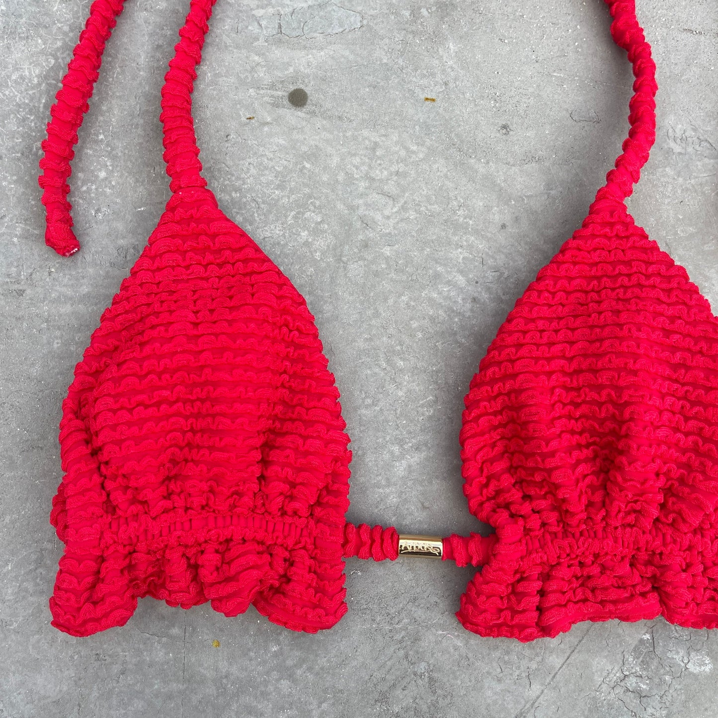 Mexican Chili Red Textured Triangle Frill Bikini Top