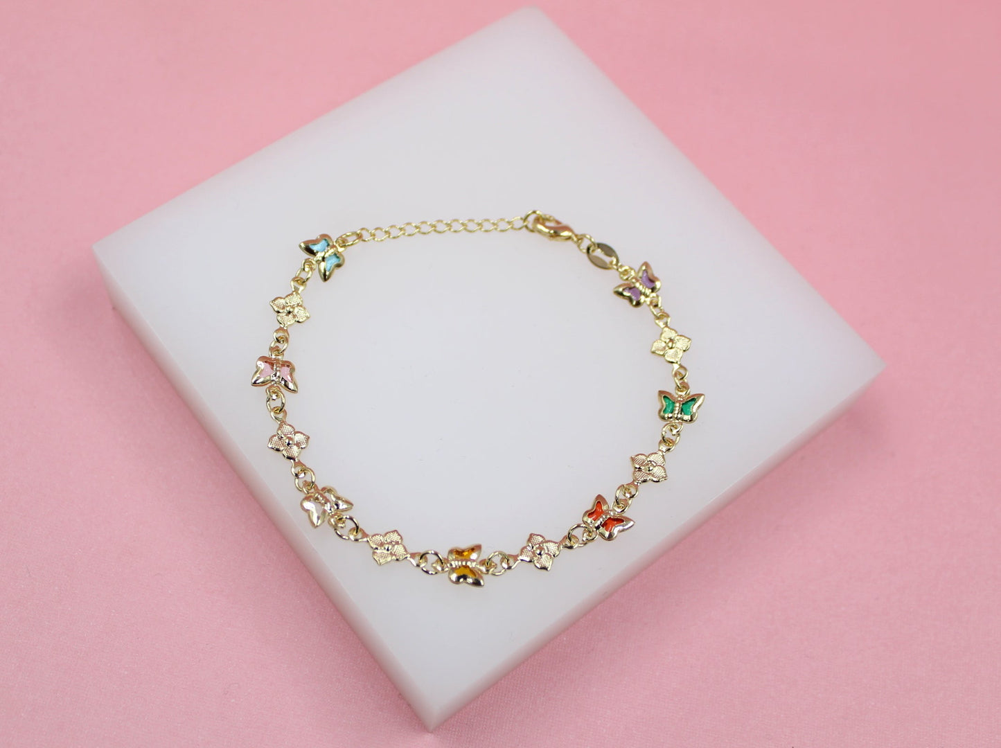 Multi-Color Butterfly Dainty Charm Bracelet With Flower Charms (I211)