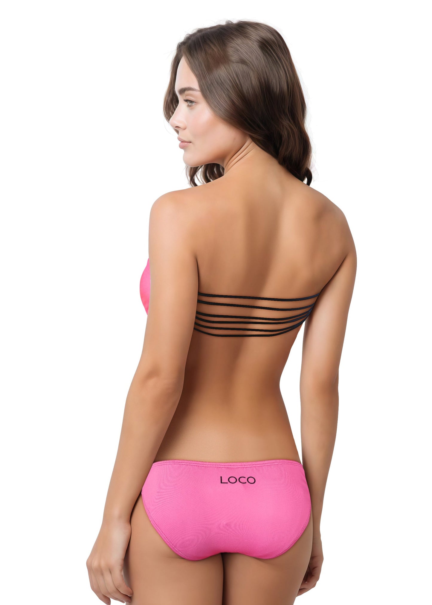 Loco Boutique Neon Black Piping Strappy Back Bandeau Bikini Top