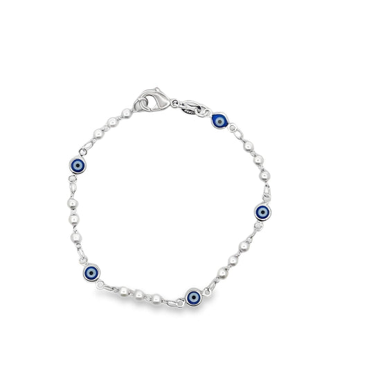 Evil Eye Charm Triple Pearl Link Bracelet (I235A)