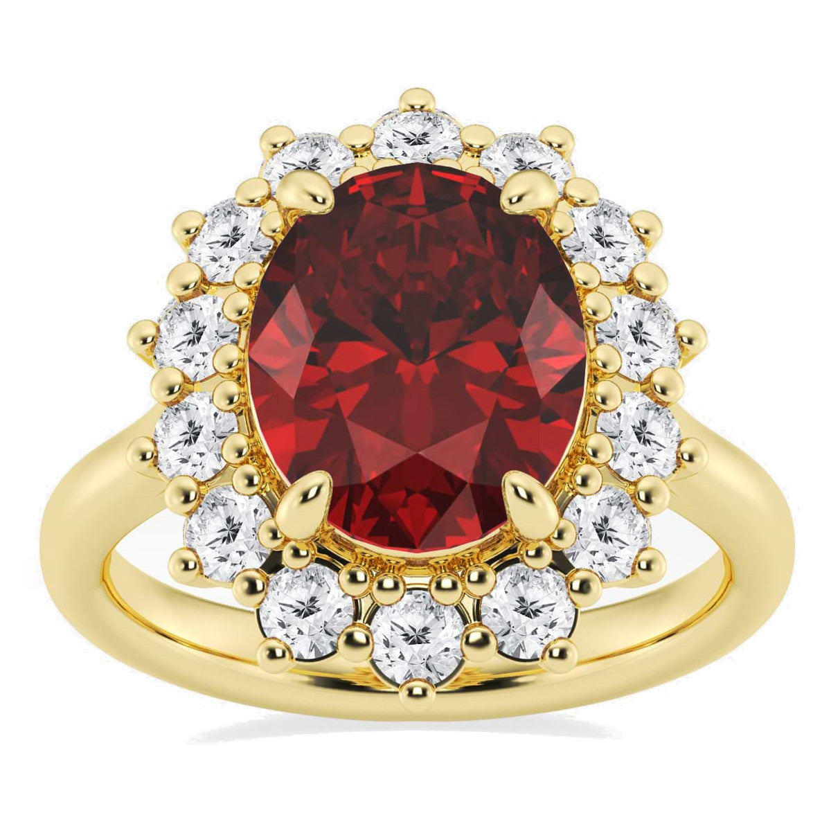 AGI Certified 3CTW Oval Lab Ruby Princess Diana Ring With Lab Diamond Halo in Choice of 14K White or Yellow Gold - 9x7mm